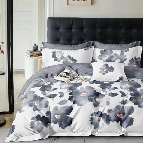 Lenjerie pat o persoana Percalle imprimat Bumbac 100%, 3 piese, cearsaf pat 160x240 cm, pilota 150x220 cm, fata perna 50x70 cm, Flori Alb / Gri, Pucioasa