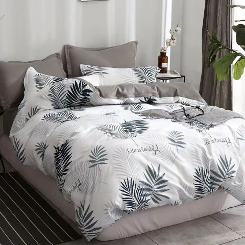Lenjerie pat dublu extra large Percalle imprimat Bumbac 100%, 6 piese, cearsaf pat 240x260 cm, pilota 200x230 cm, 2 fete perna 50x70 cm si 70x70 cm, Moderna Alb / Verde, Pucioasa