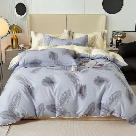 Lenjerie pat dublu extra large Percalle imprimat Bumbac 100%, 6 piese, cearsaf pat 240x260 cm, pilota 200x230 cm, 2 fete perna 50x70 cm si 70x70 cm, Pana Bej / Gri, Pucioasa