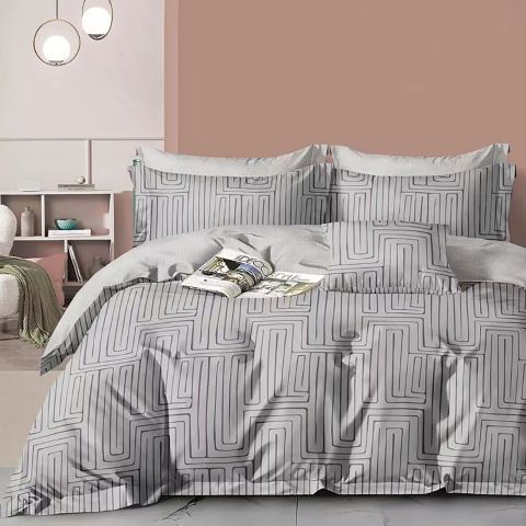 Lenjerie pat dublu Percalle imprimat Bumbac 100%, 4 piese, cearsaf pat 240x260 cm, pilota 200x230 cm, 2 fete perna 50x70 cm, Moderna Gri / Negru, Pucioasa