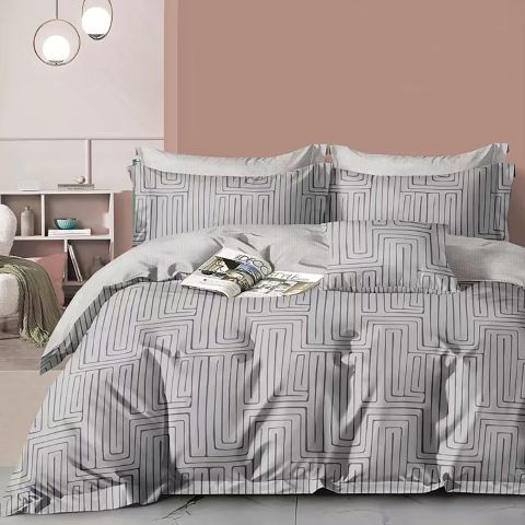 Lenjerie pat dublu extra large Percalle imprimat Bumbac 100%, 6 piese, cearsaf pat 240x260 cm, pilota 200x230 cm, 2 fete perna 50x70 cm si 70x70 cm, Moderna Gri / Negru, Pucioasa