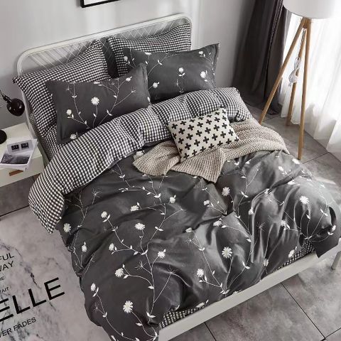 Lenjerie pat dublu Percalle imprimat Bumbac 100%, 4 piese, cearsaf pat 240x260 cm, pilota 200x230 cm, 2 fete perna 50x70 cm, Moderna Alb / Negru, Pucioasa