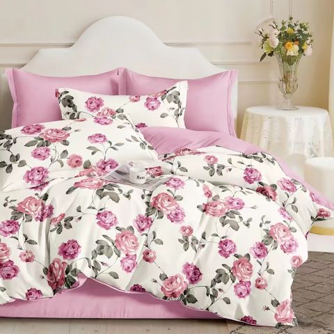 Lenjerie pat dublu extra large Percalle imprimat Bumbac 100%, 6 piese, cearsaf pat 240x260 cm, pilota 200x230 cm, 2 fete perna 50x70 cm si 70x70 cm, Trandafiri Alb / Roz, Pucioasa