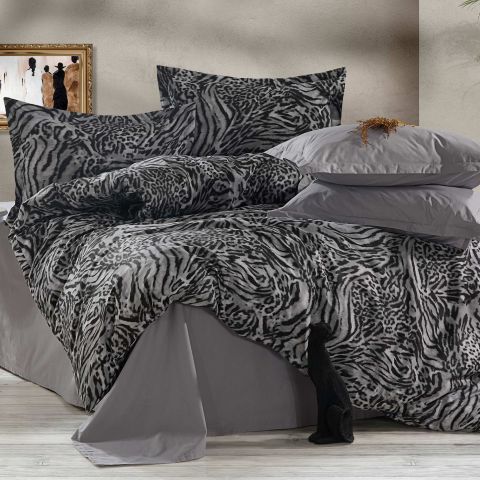 Lenjerie pat Ranforce Cotton Pro Bumbac 100%, King Size, 4 piese Animal Print Gri/Negru RCP40