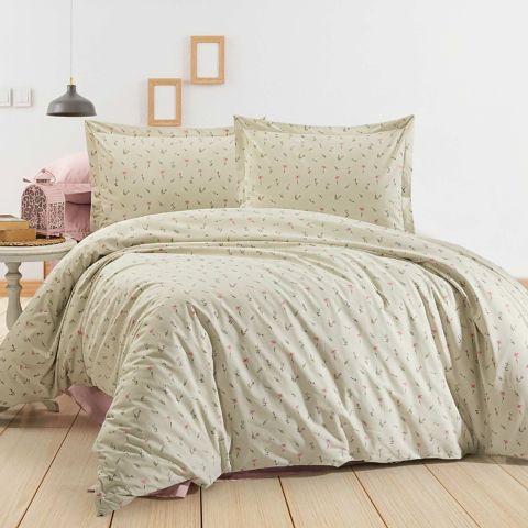 Lenjerie pat Ranforce Cotton Pro Bumbac 100%, 1 persoana cu husa, 3 piese Flori Crem/Roz RCP18