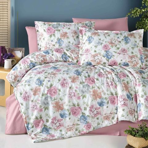 Lenjerie pat Ranforce Cotton Pro Bumbac 100%, 1 persoana, 3 piese Flori Roz RCP3