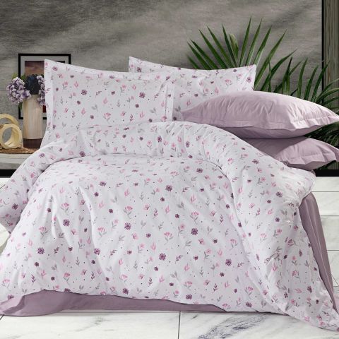 Lenjerie pat Ranforce Cotton Pro Bumbac 100%, 1 persoana, 3 piese Flori Mov RCP45