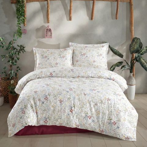 Lenjerie pat Ranforce Cotton Pro Bumbac 100%, King Size cu husa, 4 piese Flori marunte Crem/Rosu RCP53