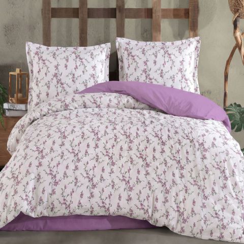 Lenjerie pat Ranforce Cotton Pro Bumbac 100%, 1 persoana, 3 piese Crengute cu flori Lila RCP54