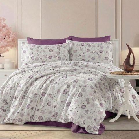 Lenjerie pat Ranforce Cotton Pro Bumbac 100%, King Size, 4 piese Moderna Alb/Mov RCP56