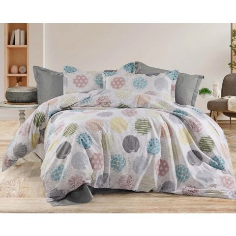 Lenjerie pat Ranforce Cotton Pro Bumbac 100%, King Size cu husa, 4 piese Buline colorate Alb/Gri RCP63