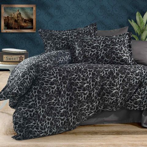 Lenjerie pat Ranforce Cotton Pro Bumbac 100%, King Size cu husa, 4 piese Animal Print Gri/Negru RCP10