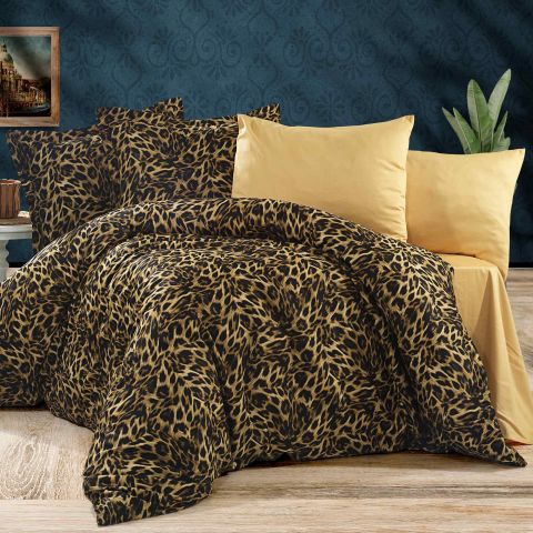 Lenjerie pat Ranforce Cotton Pro Bumbac 100%, King Size cu husa, 4 piese Animal Print Galben/Maro RCP11