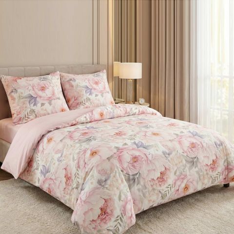 Lenjerie pat Ranforce Cotton Pro Bumbac 100%, King Size cu husa, 4 piese Bujori Roz RCP22