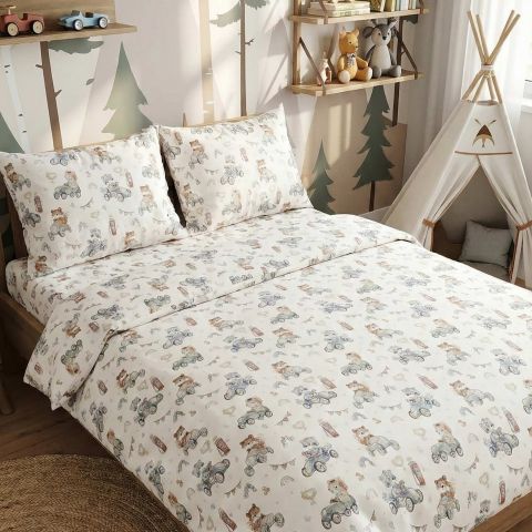 Lenjerie pat Ranforce Cotton Pro Bumbac 100%, King Size, 4 piese Desene pentru copii Bej RCP26