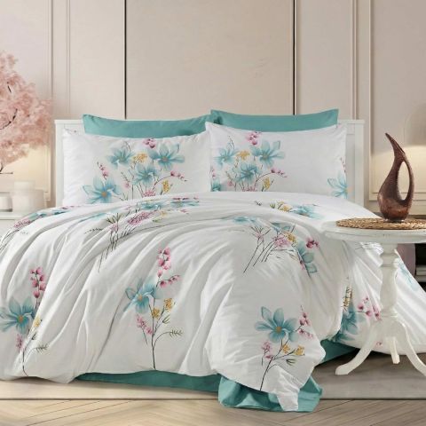 Lenjerie pat Ranforce Cotton Pro Bumbac 100%, King Size, 4 piese Motiv floral Alb/Turcoaz RCP36