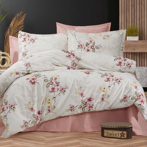 Lenjerie pat Ranforce Cotton Pro Bumbac 100%, King Size cu husa, 4 piese Floricele Crem/Roz RCP37