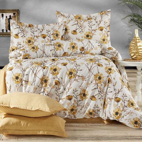 Lenjerie de pat dublu Bumbac Ranforce 4 piese cearsaf pat 240 x 260 cm, pilota 200x230 cm, 2 fete perne 50x70 cm, Alb / Galben, Pucioasa
