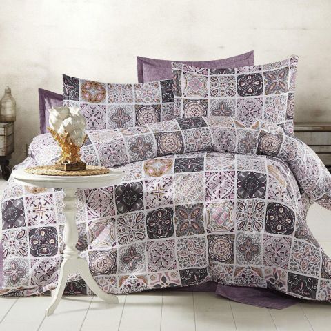 Lenjerie de pat dublu Bumbac Ranforce 4 piese cearsaf pat 240 x 260 cm, pilota 200x230 cm, 2 fete perne 50x70 cm, Mov / Gri, Pucioasa