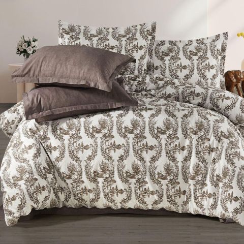 Lenjerie de pat dublu Bumbac Ranforce 4 piese cearsaf pat 240 x 260 cm, pilota 200x230 cm, 2 fete perne 50x70 cm, Alb / Maro, Pucioasa