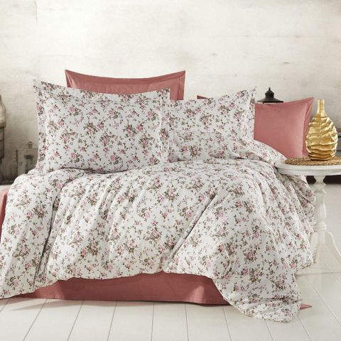 Lenjerie de pat dublu Bumbac Ranforce 4 piese cearsaf pat 240 x 260 cm, pilota 200x230 cm, 2 fete perne 50x70 cm, Alb / Roz, Pucioasa