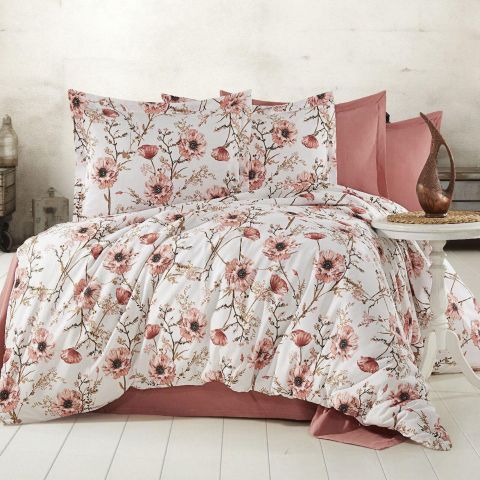 Lenjerie de pat dublu Bumbac Ranforce 4 piese cearsaf pat 240 x 260 cm, pilota 200x230 cm, 2 fete perne 50x70 cm, Roz / Alb, Pucioasa
