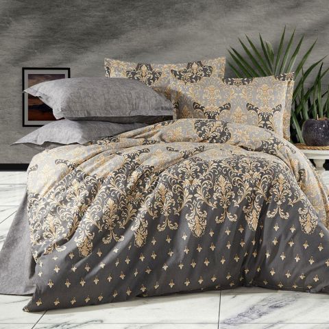 Lenjerie de pat dublu Bumbac Ranforce 4 piese cearsaf pat 240 x 260 cm, pilota 200x230 cm, 2 fete perne 50x70 cm, Bej / Gri, Pucioasa