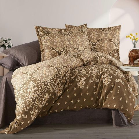 Lenjerie de pat dublu Bumbac Ranforce 4 piese cearsaf pat 240 x 260 cm, pilota 200x230 cm, 2 fete perne 50x70 cm, Bej / Maro, Pucioasa