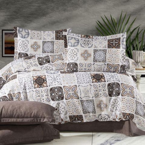 Lenjerie de pat dublu Bumbac Ranforce 4 piese cearsaf pat 240 x 260 cm, pilota 200x230 cm, 2 fete perne 50x70 cm, Crem / Maro, Pucioasa