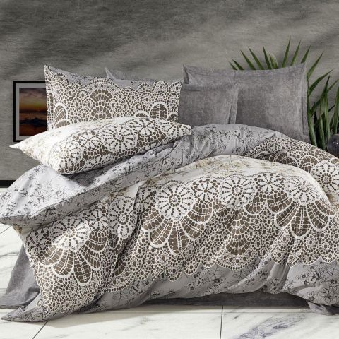 Lenjerie de pat dublu Bumbac Ranforce 4 piese cearsaf pat 240 x 260 cm, pilota 200x230 cm, 2 fete perne 50x70 cm, Crem / Gri, Pucioasa