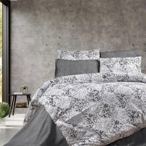 Lenjerie de pat dublu Bumbac Ranforce 4 piese cearsaf pat 240 x 260 cm, pilota 200x230 cm, 2 fete perne 50x70 cm, Alb-Gri, Pucioasa