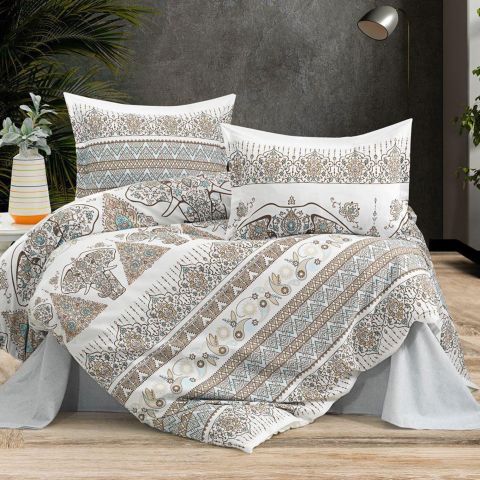 Lenjerie de pat dublu Bumbac Ranforce 4 piese cearsaf pat 240 x 260 cm, pilota 200x230 cm, 2 fete perne 50x70 cm, Gri / Crem, Pucioasa