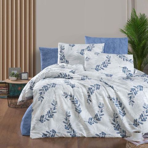 Lenjerie de pat dublu Bumbac Ranforce 4 piese cearsaf pat 240 x 260 cm, pilota 200x230 cm, 2 fete perne 50x70 cm, Alb / Albastru, Pucioasa