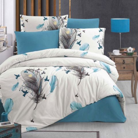 Lenjerie de pat dublu Bumbac Ranforce 4 piese cearsaf pat 240 x 260 cm, pilota 200x230 cm, 2 fete perne 50x70 cm, Albastru / Alb, Pucioasa