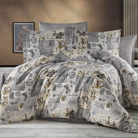 Lenjerie de pat dublu Bumbac Ranforce 4 piese cearsaf pat 240 x 260 cm, pilota 200x230 cm, 2 fete perne 50x70 cm, Gri-Bej, Pucioasa