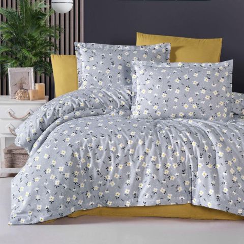 Lenjerie de pat dublu Bumbac Ranforce 4 piese cearsaf pat 240 x 260 cm, pilota 200x230 cm, 2 fete perne 50x70 cm, Gri / Galben, Pucioasa