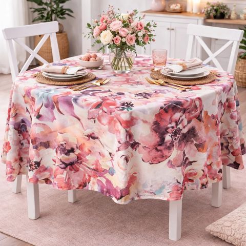 Față de masă rotundă 180 cm antimurdărire, Imprimeu trandafiri Crem/Roz Ralex Pucioasa