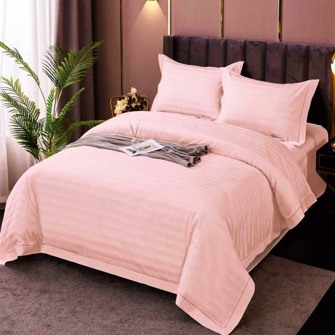 Lenjerie pat dublu XXL Damasc Policoton, cearsaf pat 230x260 cm, pilota 200x230 cm, 2 fete perne 50x70 cm, Roz Deschis