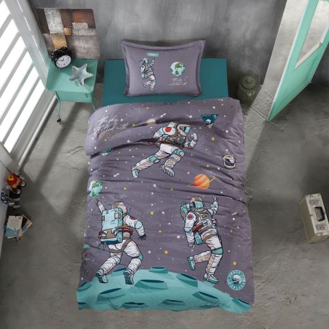 Lenjerie pat 1 persoana Bumbac 100% Ranforce 3 piese cearsaf pat 180x240 cm, pilota 160x220 cm, 1 fata perna 50x70 cm, Clasy, Space