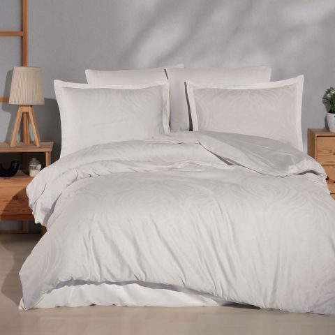 Lenjerie pat dublu Jacquard 100% Bumbac 6 piese, cearsaf pat 240x260 cm, pilota 200x220 cm, 2 fete perne 50x70 si 70x70 cm, Clasy, Crem TARVA