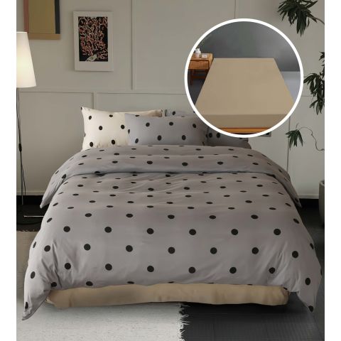 Lenjerie pat Tricot Bumbac 100% cu husă pentru saltea de 160/180cm x 200cm, pilotă 200x230 cm, 2 fețe perne 50x70 cm, Bej / Gri, Pucioasa, Răsfăț Natural