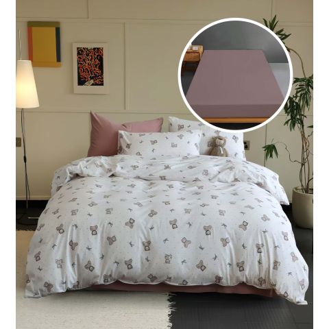 Lenjerie pat Tricot Bumbac 100% cu husă pentru saltea de 160/180cm x 200cm, pilotă 200x230 cm, 2 fețe perne 50x70 cm, Alb / Roz, Pucioasa, Răsfăț Natural