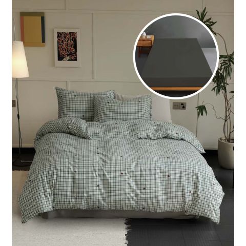 Lenjerie pat Tricot Bumbac 100% cu husă pentru saltea de 160/180cm x 200cm, pilotă 200x230 cm, 2 fețe perne 50x70 cm, Verde / Negru, Pucioasa, Răsfăț Natural