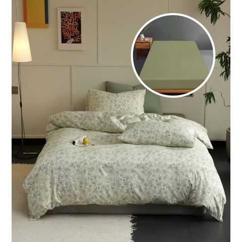 Lenjerie pat Tricot Bumbac 100% cu husă pentru saltea de 160/180cm x 200cm, pilotă 200x230 cm, 2 fețe perne 50x70 cm, Verde Deschis, Pucioasa, Răsfăț Natural