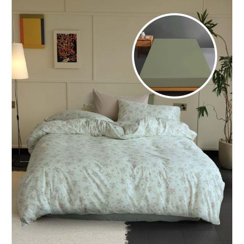 Lenjerie pat Tricot Bumbac 100% cu husă pentru saltea de 160/180cm x 200cm, pilotă 200x230 cm, 2 fețe perne 50x70 cm, Verde Kaki, Pucioasa, Răsfăț Natural