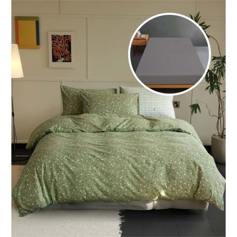 Lenjerie pat Tricot Bumbac 100% cu husă pentru saltea de 160/180cm x 200cm, pilotă 200x230 cm, 2 fețe perne 50x70 cm, Gri / Verde, Pucioasa, Răsfăț Natural