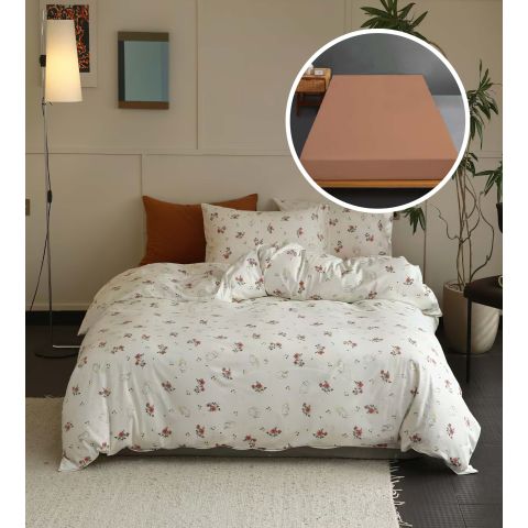 Lenjerie pat Tricot Bumbac 100% cu husă pentru saltea de 160/180cm x 200cm, pilotă 200x230 cm, 2 fețe perne 50x70 cm, Crem / Portocaliu, Pucioasa, Răsfăț Natural