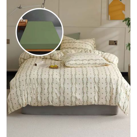 Lenjerie pat Tricot Bumbac 100% cu husă pentru saltea de 160/180cm x 200cm, pilotă 200x230 cm, 2 fețe perne 50x70 cm, Bej / Verde, Pucioasa, Răsfăț Natural