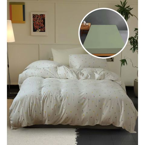 Lenjerie pat Tricot Bumbac 100% cu husă pentru saltea de 160/180cm x 200cm, pilotă 200x230 cm, 2 fețe perne 50x70 cm, Crem / Verde, Pucioasa, Răsfăț Natural