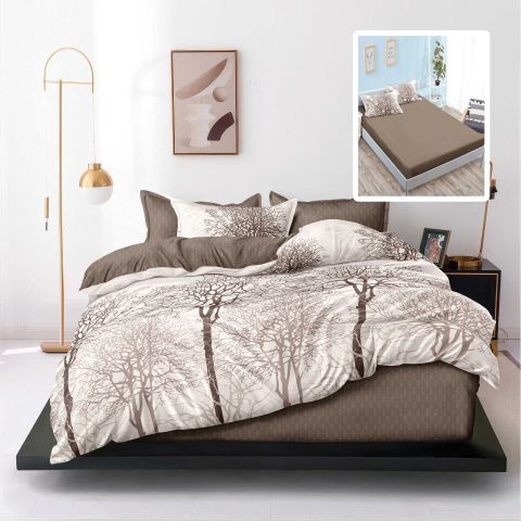 Lenjerie pat dublu Finet Bumbac 6 piese cu husa saltea 160x200 sau 180x200 cm, pilota 200x230 cm, 2 fete perna 50x70 si 70x70 cm, Crem / Maro, Pucioasa VARA V1